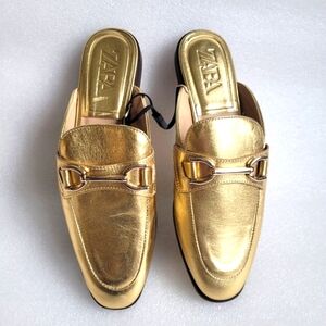 Brand New Zara Leather Mules Gold With Chain Slip On Flats Dressy Size 6.5